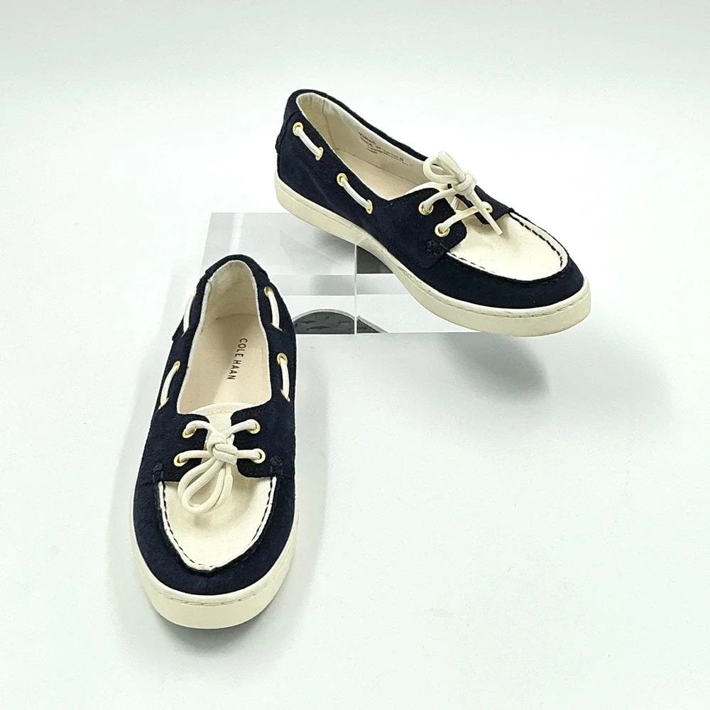 Cole Haan Size 8 Boat Shoe Navy Ivory Suede Lace Up NEW Nantucket $130